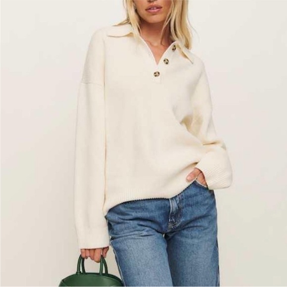 Reformation Brooklyn Polo Cream Sweater with Button Collar - 100% Organic Cotton - Picture 2 of 7